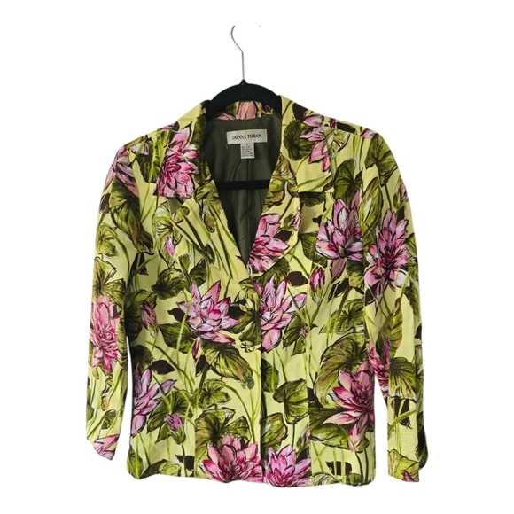 Donna Toran Blazer Jacket Women Sz 6 Linen Blend Floral Button Up Pop Career - Picture 1 of 9